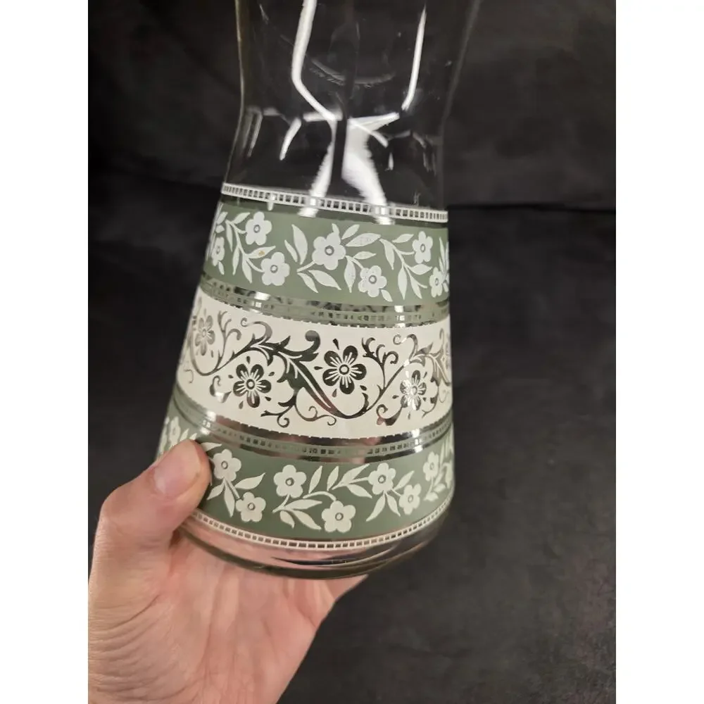 Vintage Mid-Century Glass Juice Carafe Green & White Floral Silver Bands 7.5